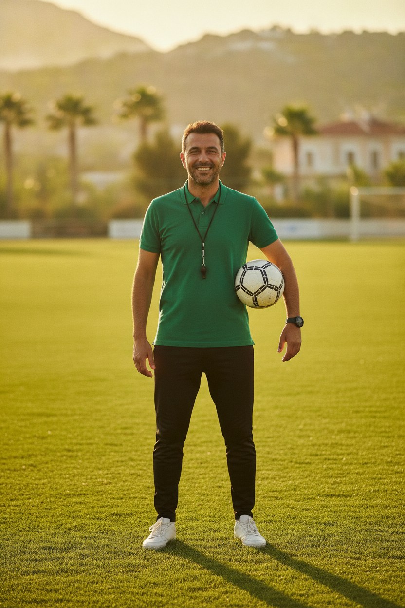 Emre Yılmaz, kurucu antrenör, sahada çocuklarla çalışırken
